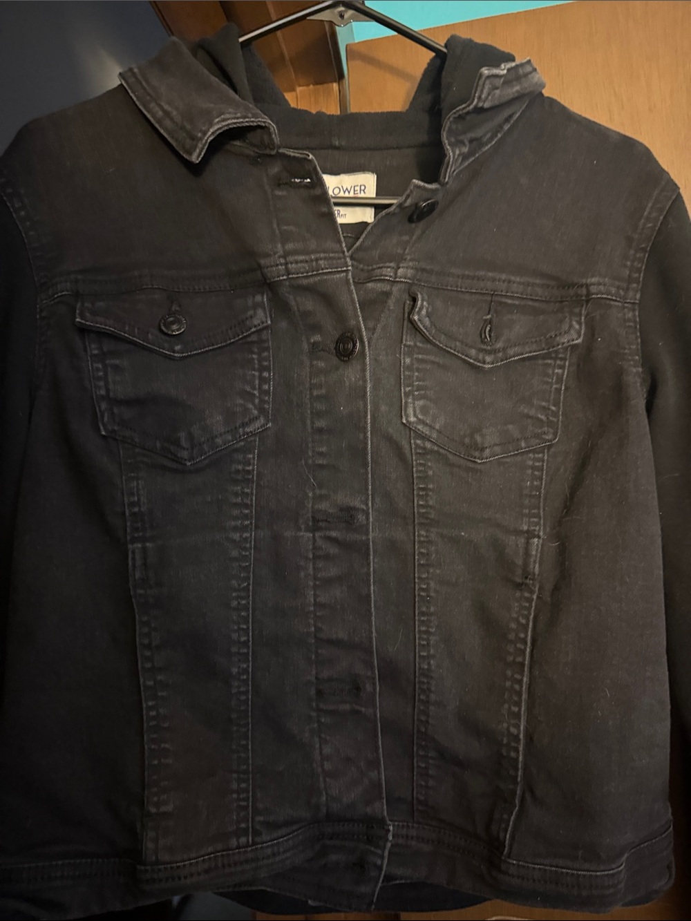 Wallflower Black Hooded Jean Jacket with Knit Sleeves - Picture 2 of 5
